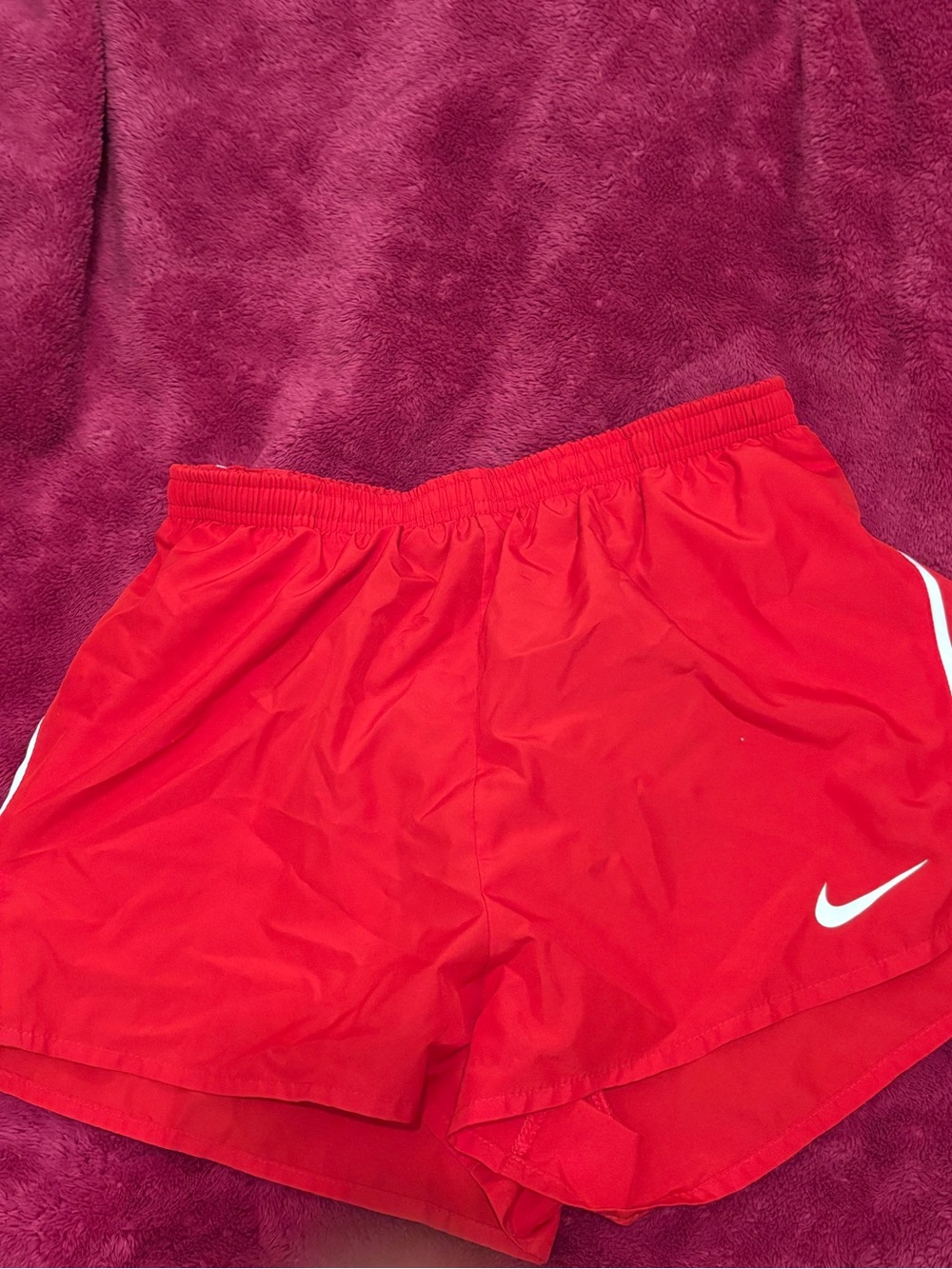 Nike Women’s Red Athletic Running Shorts with White Swoosh